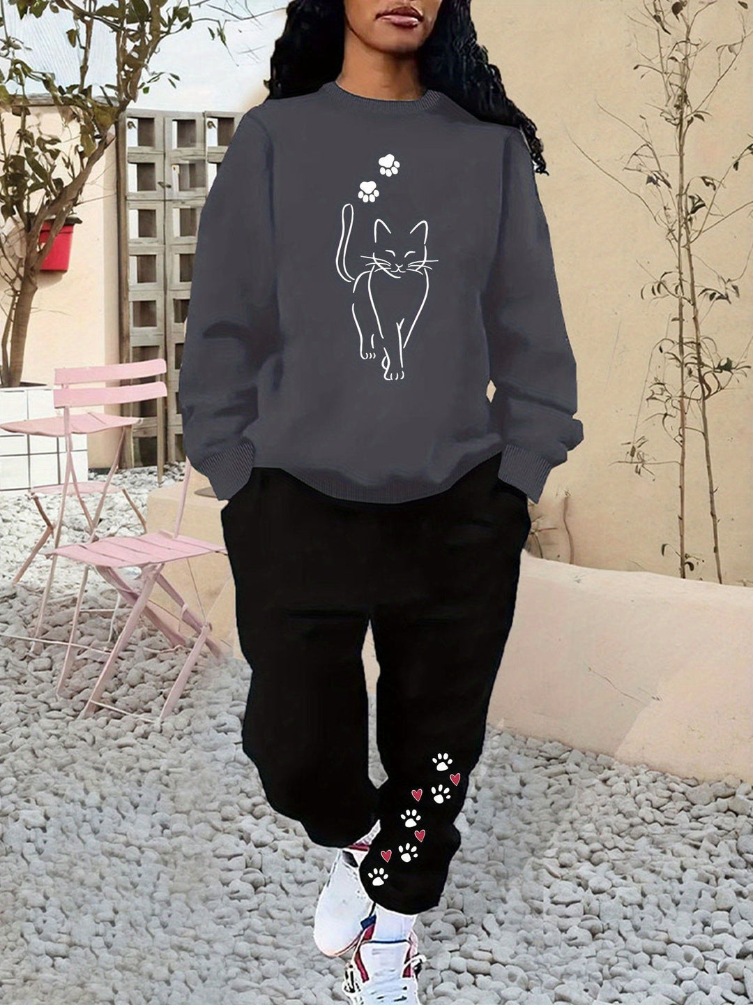 Sweat-shirt en coton confortable avec motif de chat & pantalon de jogging pour femmes | Idéal pour automne/hiver