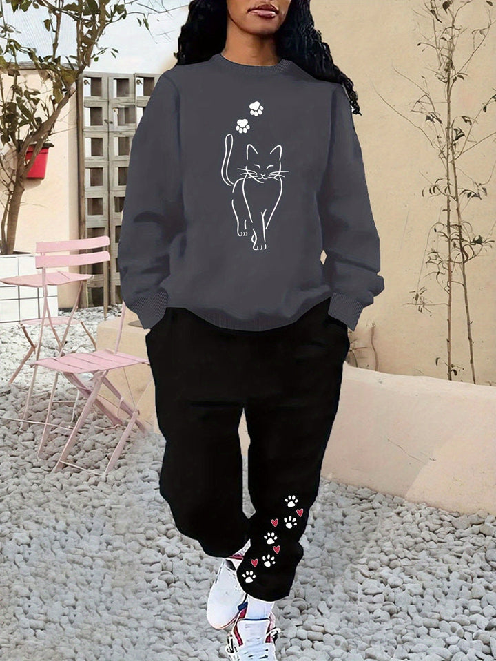 Sweat-shirt en coton confortable avec motif de chat & pantalon de jogging pour femmes | Idéal pour automne/hiver