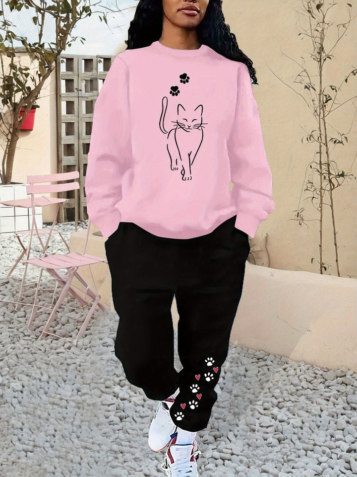 Sweat-shirt en coton confortable avec motif de chat & pantalon de jogging pour femmes | Idéal pour automne/hiver