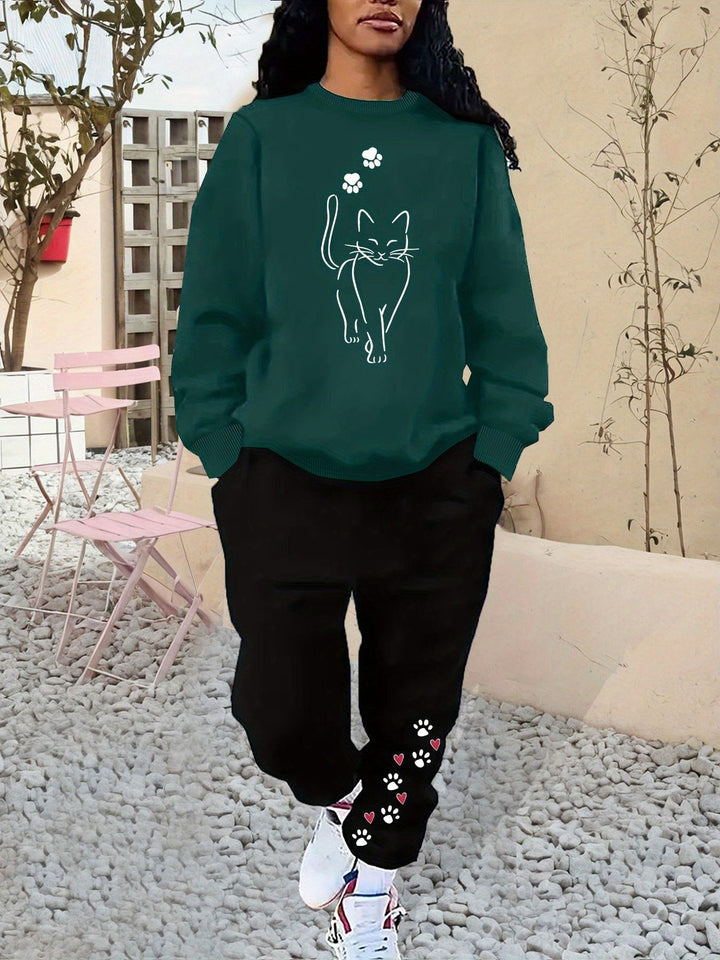Sweat-shirt en coton confortable avec motif de chat & pantalon de jogging pour femmes | Idéal pour automne/hiver