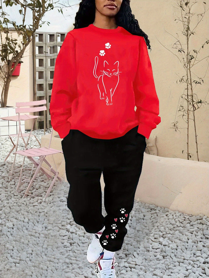Sweat-shirt en coton confortable avec motif de chat & pantalon de jogging pour femmes | Idéal pour automne/hiver