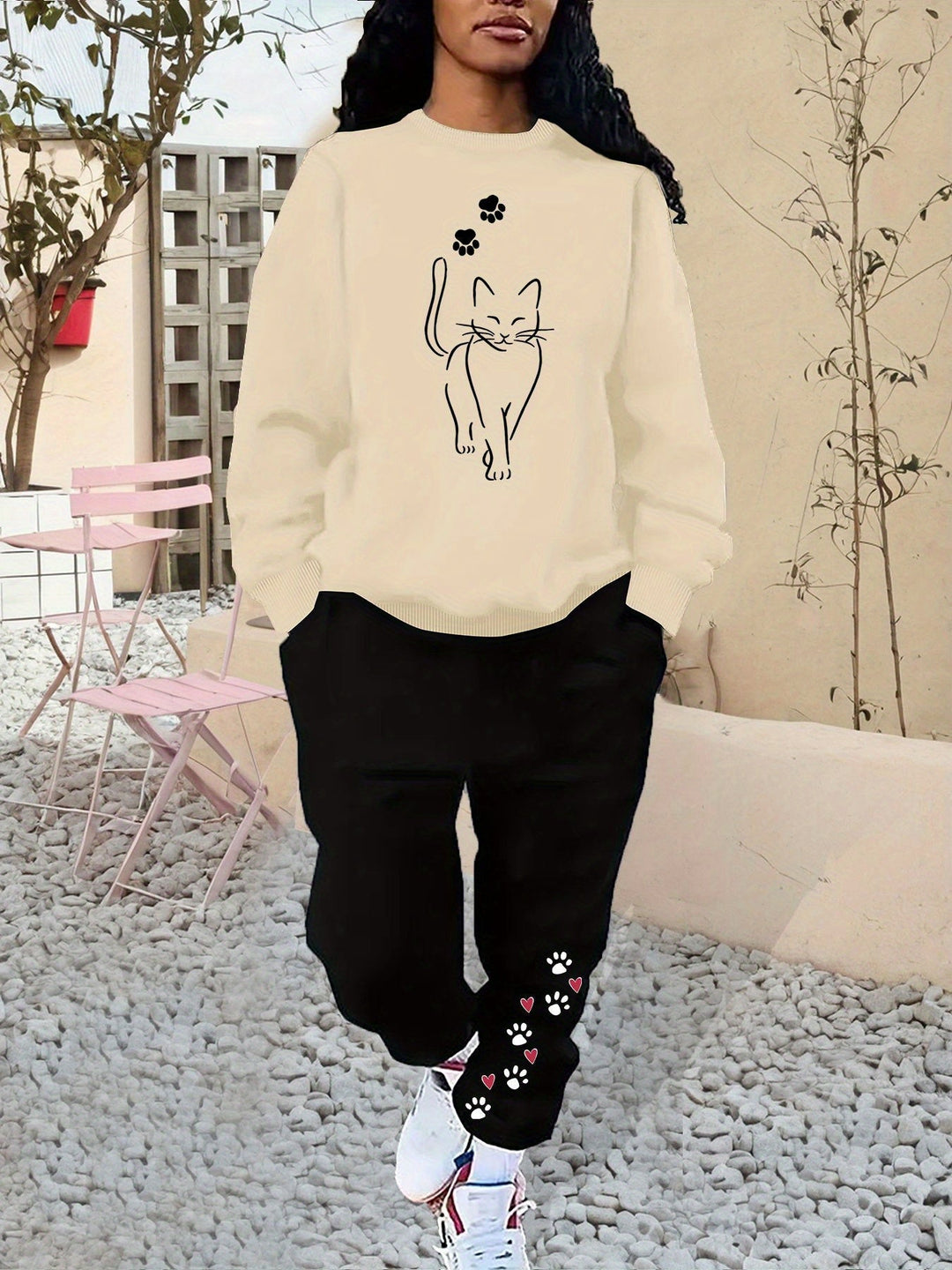 Sweat-shirt en coton confortable avec motif de chat & pantalon de jogging pour femmes | Idéal pour automne/hiver