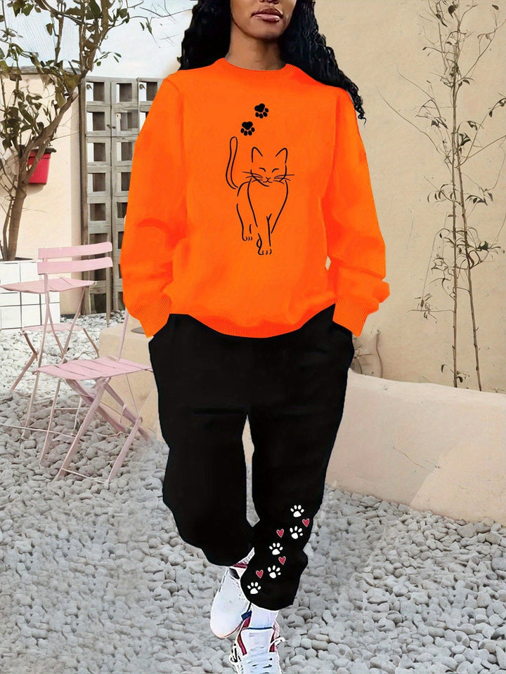 Sweat-shirt en coton confortable avec motif de chat & pantalon de jogging pour femmes | Idéal pour automne/hiver