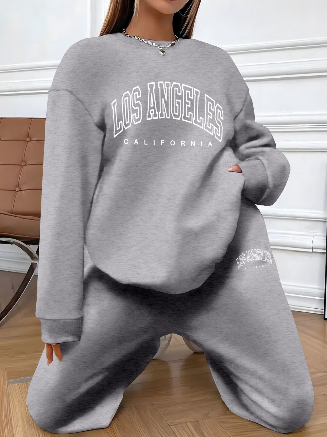 Vintage "Long Angeles" Print Sweater & Jogginghosen Outfit Für Damen | Ideal für Herbst/Winter