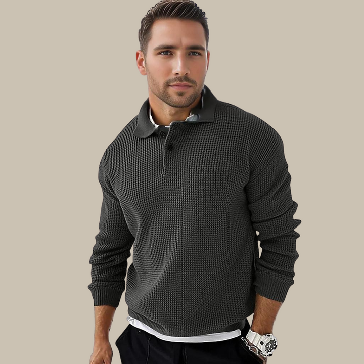 Pull en maille homme avec col polo – T-shirt à manches longues décontracté aspect gaufré