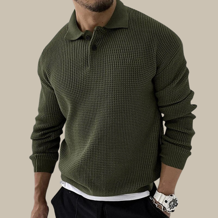 Pull en maille homme avec col polo – T-shirt à manches longues décontracté aspect gaufré