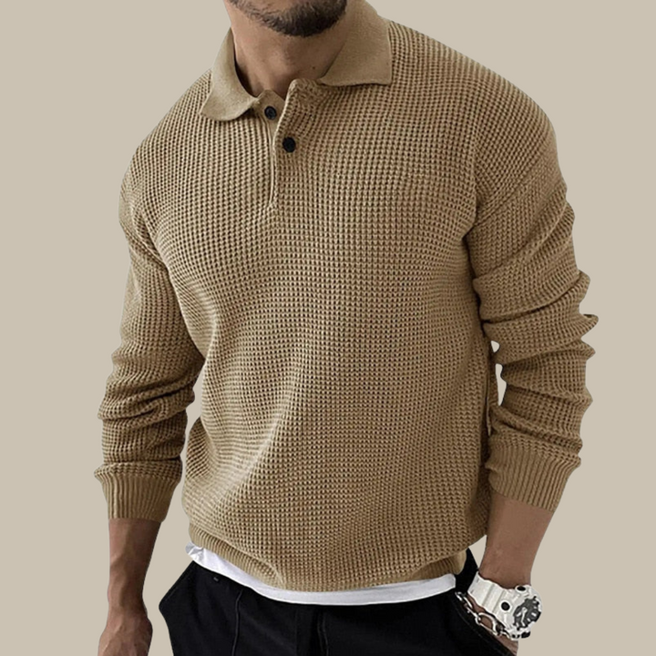 Pull en maille homme avec col polo – T-shirt à manches longues décontracté aspect gaufré