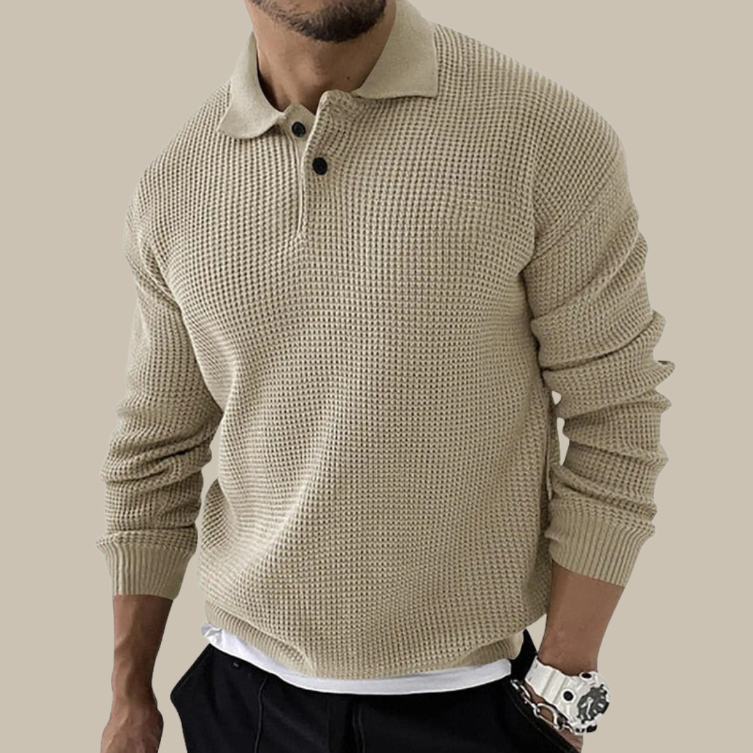 Pull en maille homme avec col polo – T-shirt à manches longues décontracté aspect gaufré