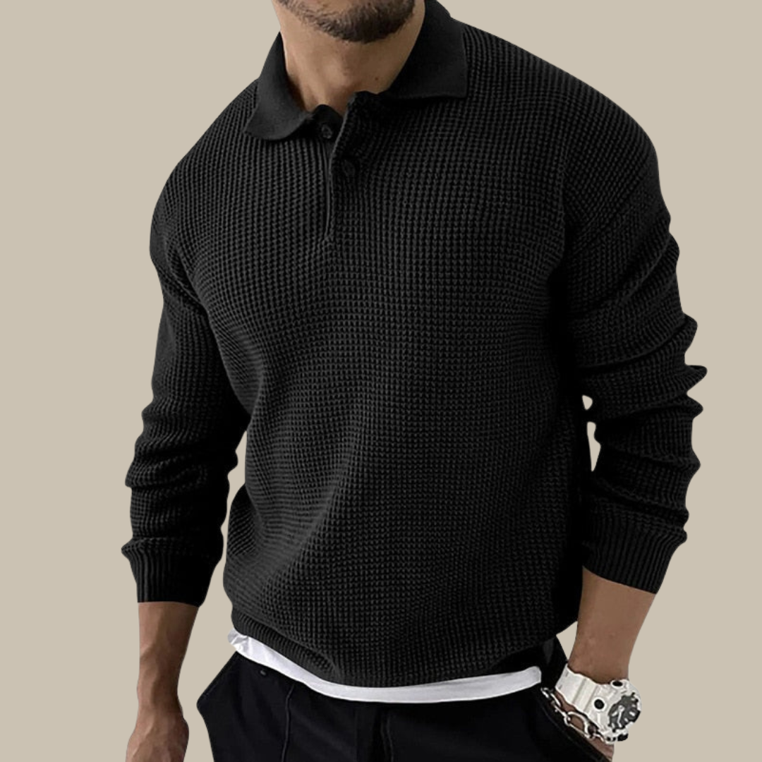 Pull en maille homme avec col polo – T-shirt à manches longues décontracté aspect gaufré