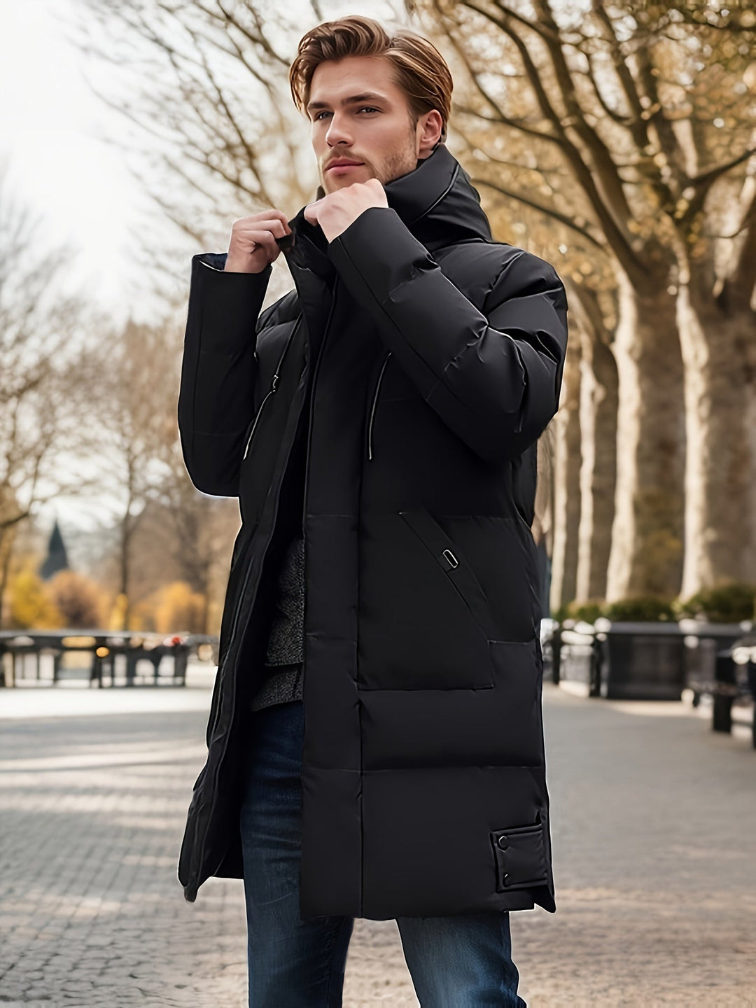 Veste d'hiver matelassée à capuche mi-longue décontractée pour hommes avec patte de fermeture éclair non extensible | Parfaite pour les activités de plein air