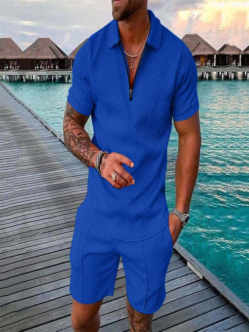 Herren Sommer Set mit Reißverschluss-Poloshirt & Shorts – Zweiteiliges Outfit mit Muster für Urlaub, Freizeit & Strand