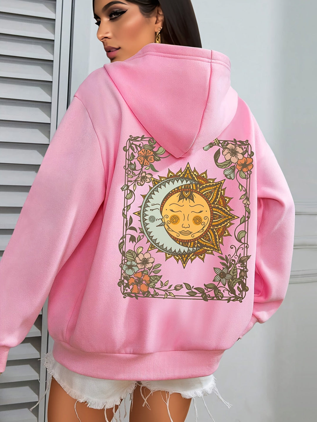 Damen Hoodie mit Sonne & Mond Print – Oversized Kapuzenpullover mit astrologischem Boho-Muster