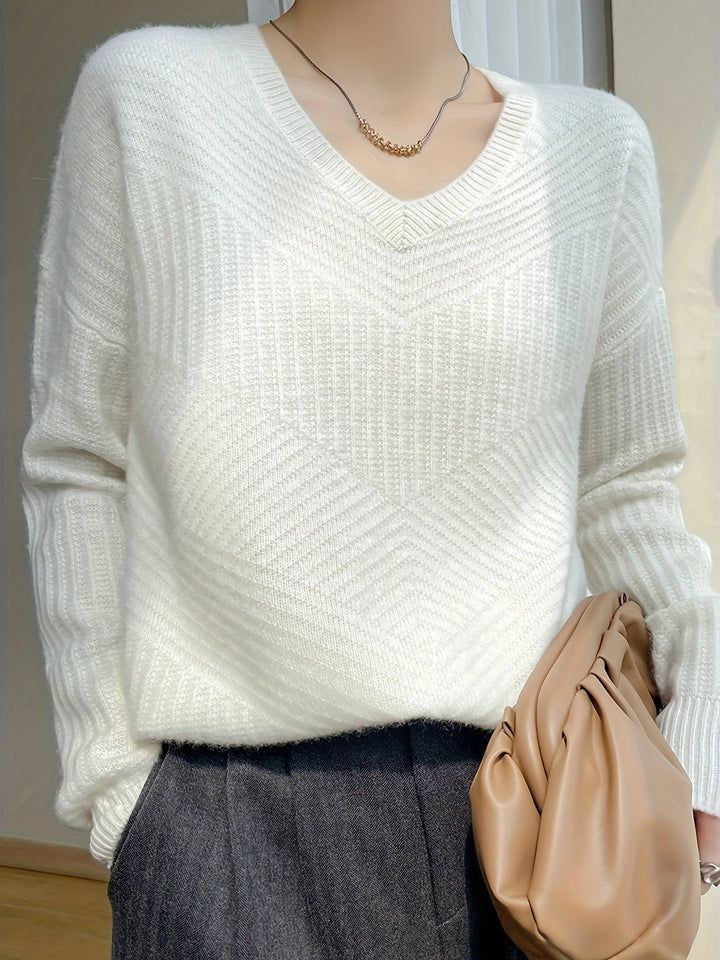 Ausschnitt V-Ausschnitt-Wollpullover aus 100% Wolle und einfarbigem Design Pullover Damen | Perfekt für jeden Tag