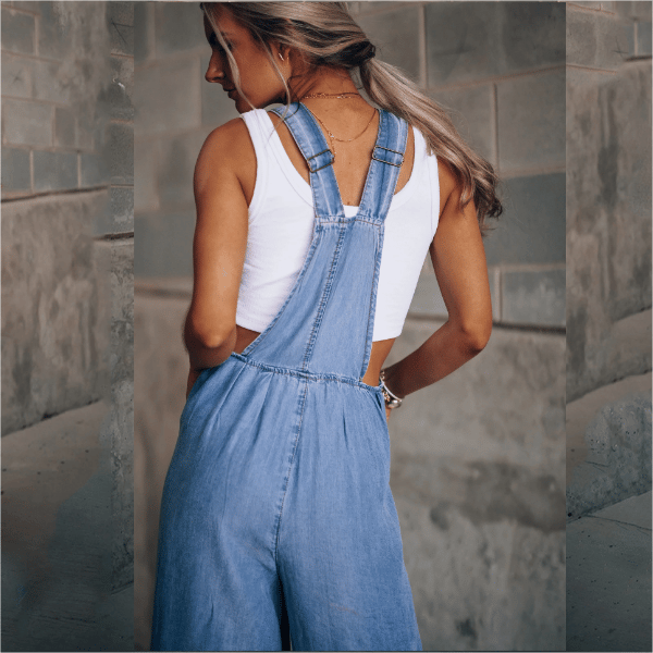 Salopette da donna in denim – vestibilità ampia della gamba con vibrazione retrò