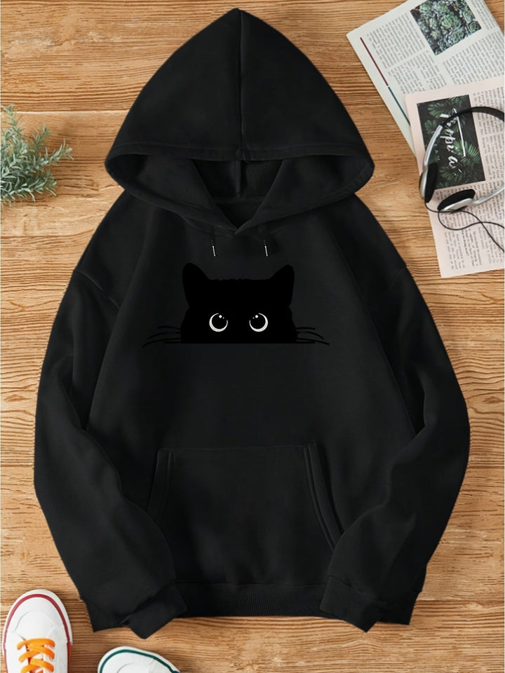 Eleganter Sweat-Pullover-Hoodie mit Katzenprint und Kapuze für Women | Ideal für den Alltag
