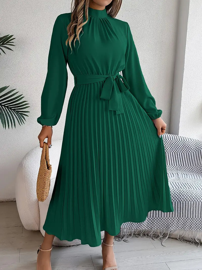 Elegante abito midi plissettato con cintura – abito a maniche lunghe da donna per ufficio e occasioni speciali