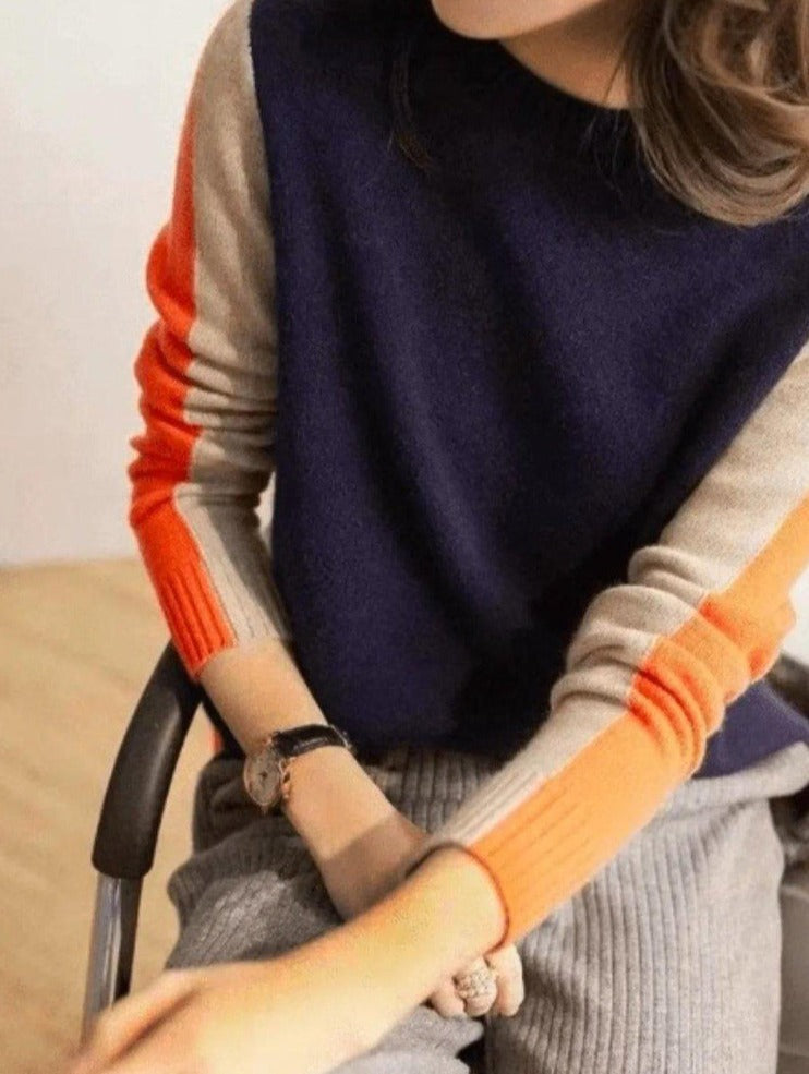 Aquisha | Pull pour femmes avec rayures rétro en marine et orange