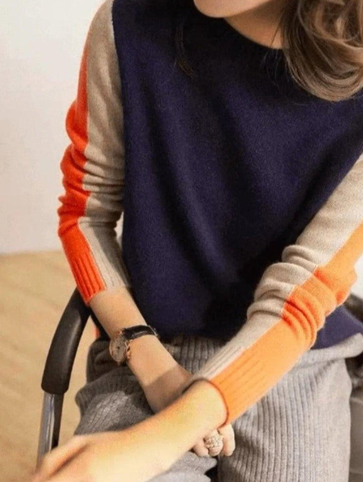 Aquisha | Pull pour femmes avec rayures rétro en marine et orange