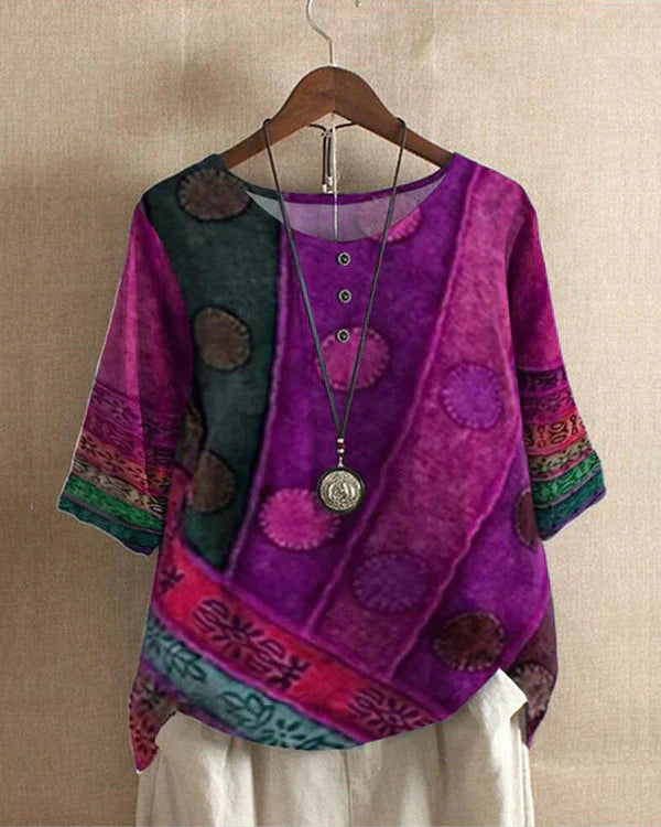 Tunica Boho Donna – Top lungo con motivo etnico e abbottonatura | Casual e colorato