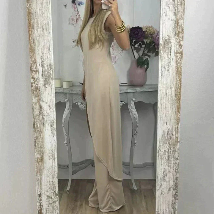 Elegante completo donna senza maniche con lungo soprabito e pantaloni ampi – Perfetto per sera, eventi e estate