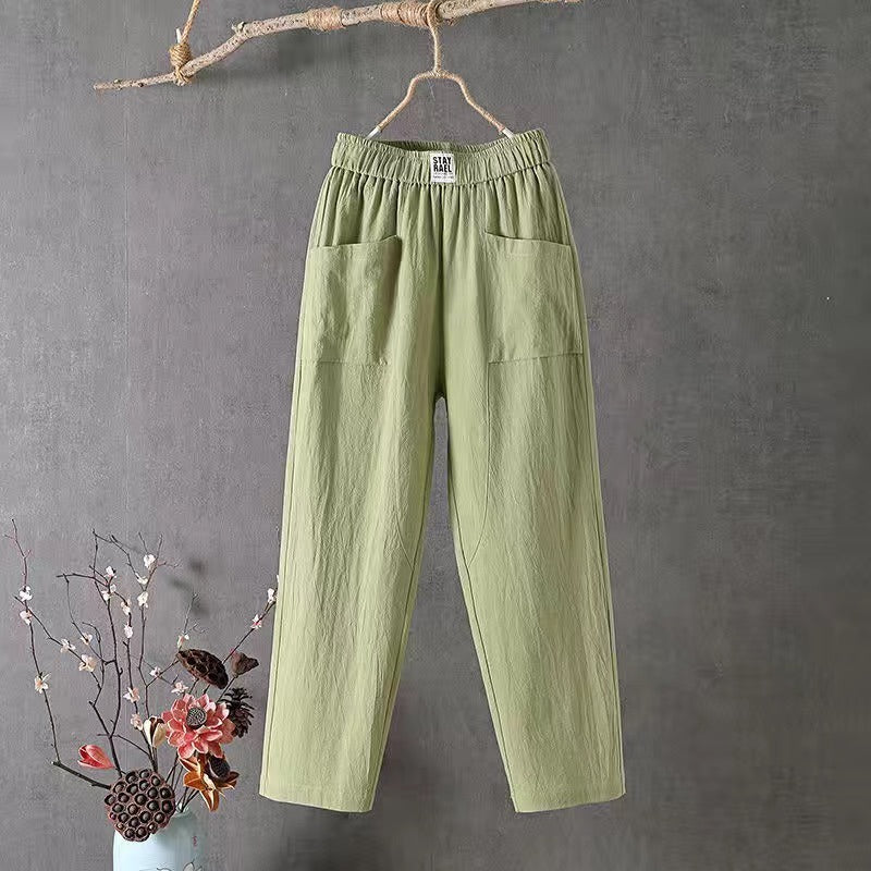 Pantalon en lin pour femmes avec ceinture élastique – Pantalon ample décontracté avec poches style bohème