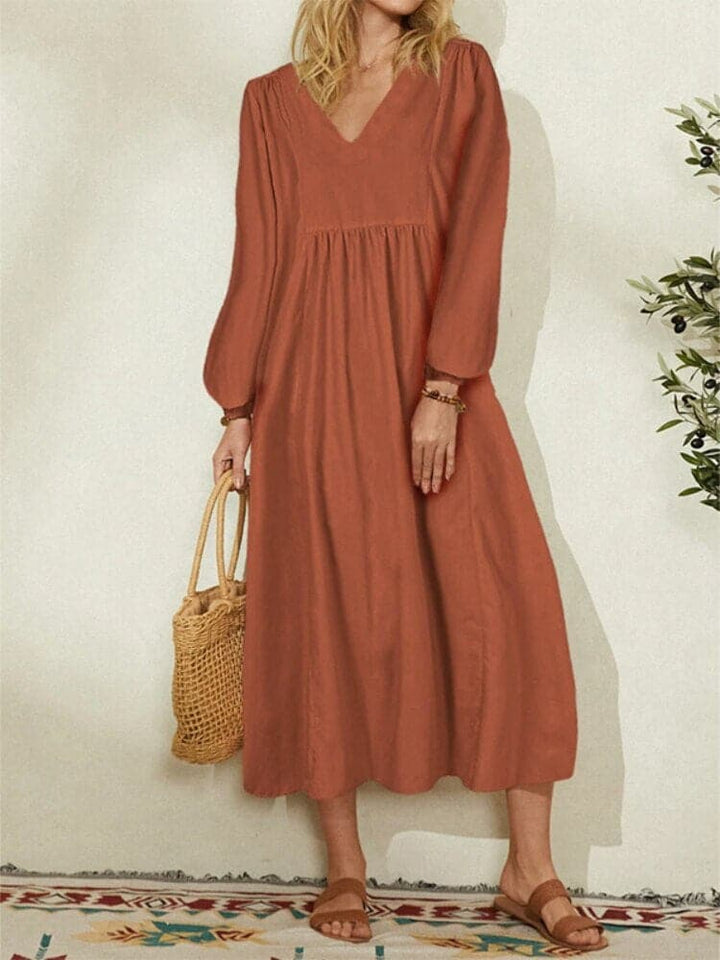 Robe Midi Élégance Bohème – Décolleté en V, Manches Longues, Taille Empire, Silhouette Aérienne