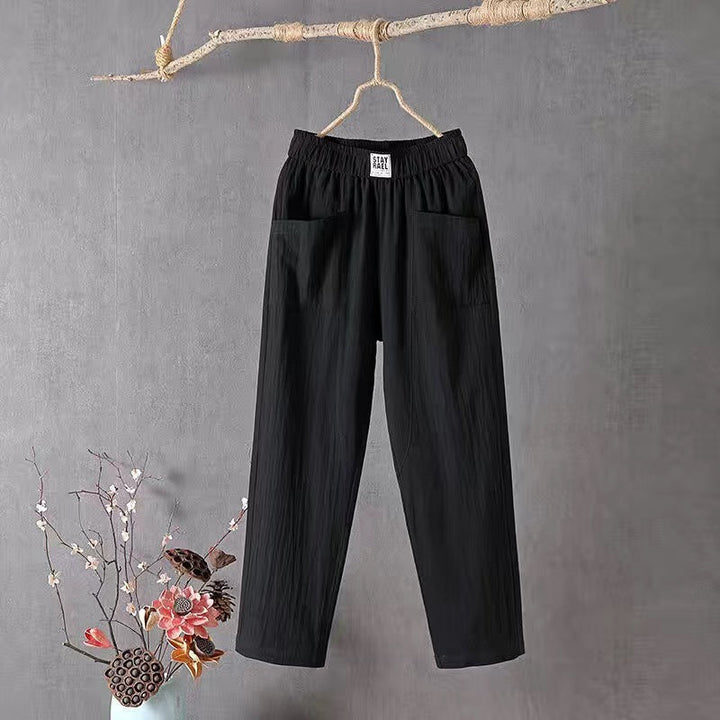 Pantalon en lin pour femmes avec ceinture élastique – Pantalon ample décontracté avec poches style bohème