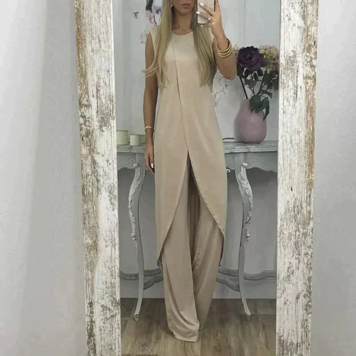Elegante completo donna senza maniche con lungo soprabito e pantaloni ampi – Perfetto per sera, eventi e estate