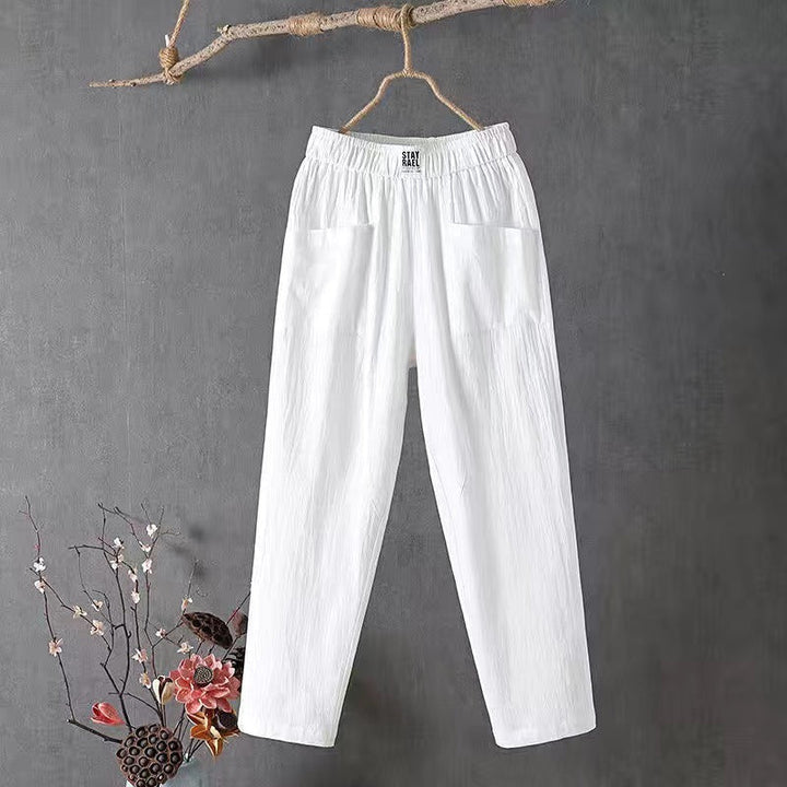 Pantalon en lin pour femmes avec ceinture élastique – Pantalon ample décontracté avec poches style bohème
