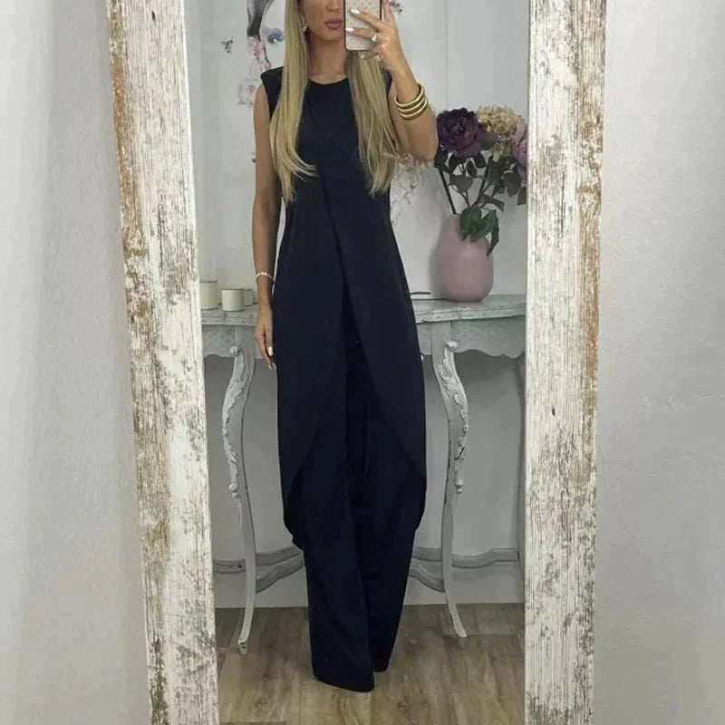 Elegante completo donna senza maniche con lungo soprabito e pantaloni ampi – Perfetto per sera, eventi e estate