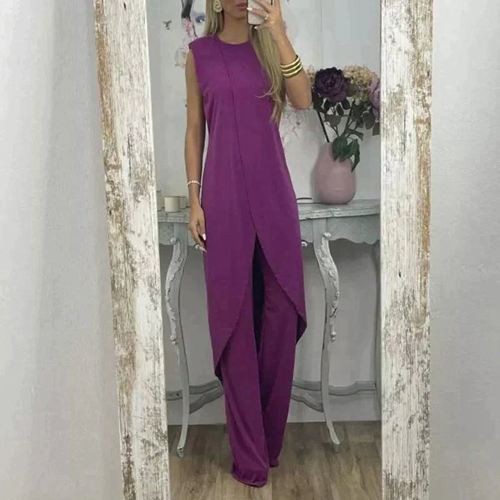 Elegante completo donna senza maniche con lungo soprabito e pantaloni ampi – Perfetto per sera, eventi e estate