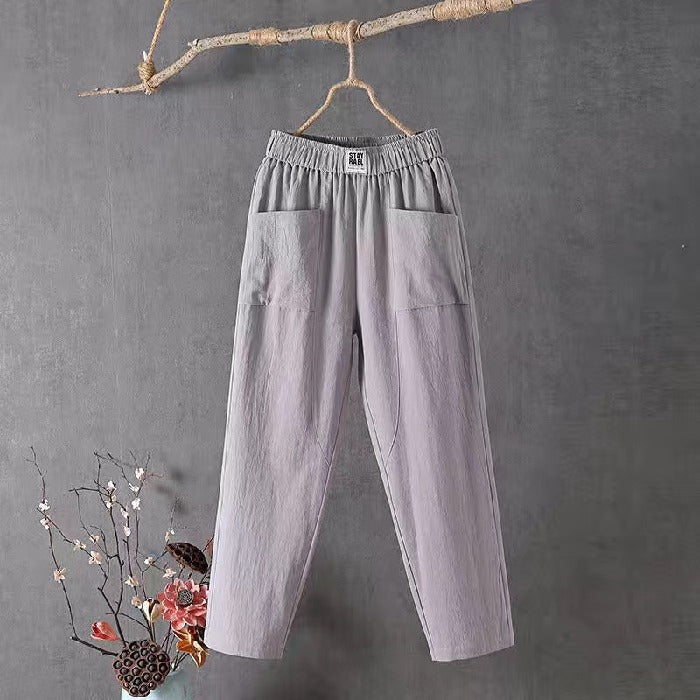 Pantalon en lin pour femmes avec ceinture élastique – Pantalon ample décontracté avec poches style bohème