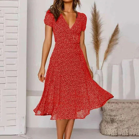 Robe midi fluide pour femme avec décolleté en V et manches courtes – Robe d'été féminine coupe trapèze