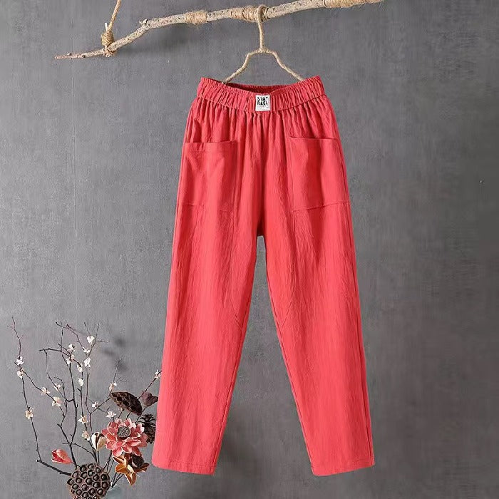 Pantalon en lin pour femmes avec ceinture élastique – Pantalon ample décontracté avec poches style bohème