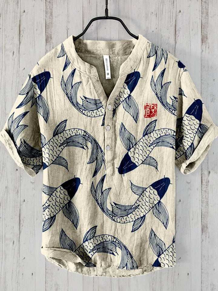 Sommer Hemd mit Koi-Fisch Motiv – Japanisches Design Herren Shirt mit Kurzarm – Leichtes Freizeitshirt im asiatischen Stil