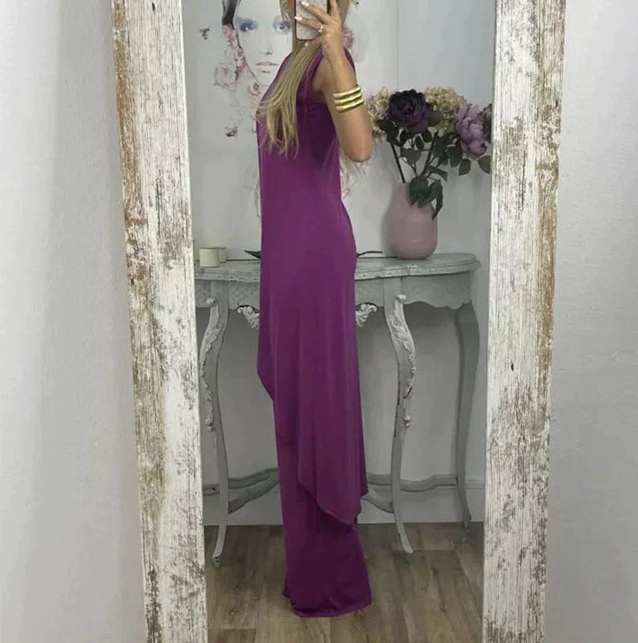 Elegante completo donna senza maniche con lungo soprabito e pantaloni ampi – Perfetto per sera, eventi e estate
