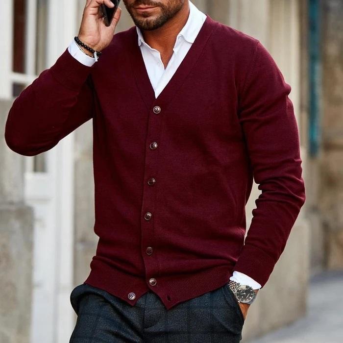 Cardigan homme en maille fine – col en V élégant avec patte de boutonnage, idéal pour le bureau, le quotidien et les looks superposés