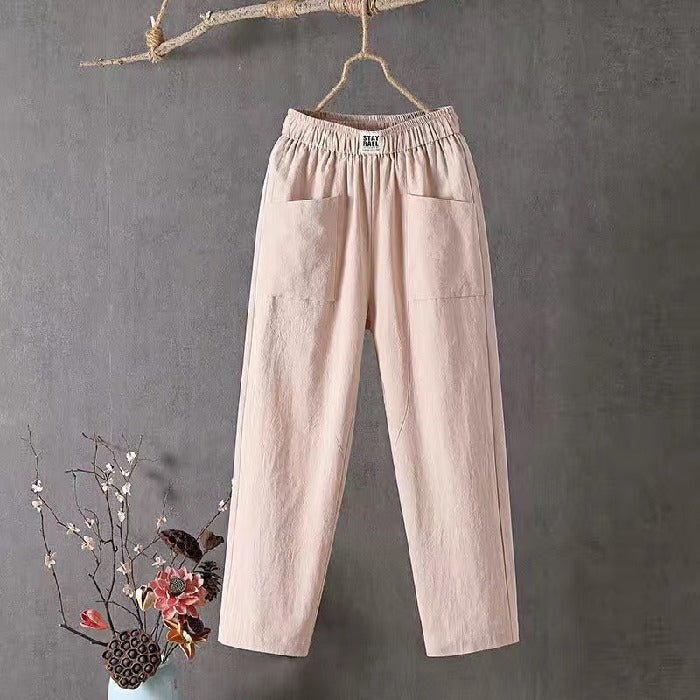 Pantalon en lin pour femmes avec ceinture élastique – Pantalon ample décontracté avec poches style bohème