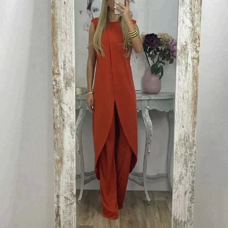 Elegante completo donna senza maniche con lungo soprabito e pantaloni ampi – Perfetto per sera, eventi e estate