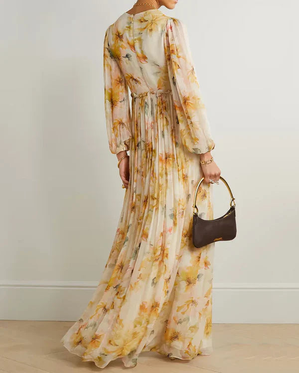 Abito lungo boho da donna con stampa floreale – elegante abito da sera con scollo a V, maniche lunghe e spacco sulla gamba per estate ed eventi
