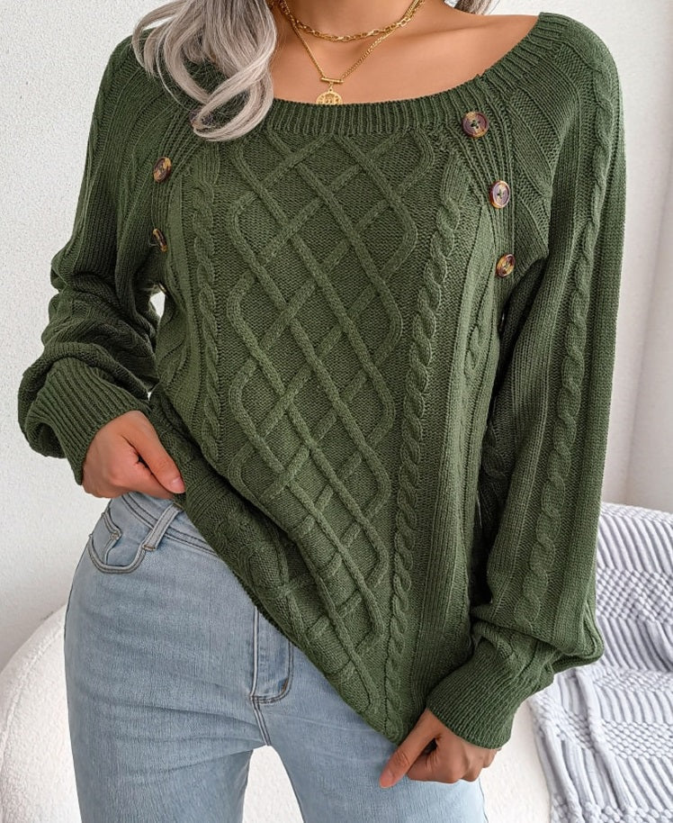Edith Pullover | Gestrickter eleganter Damen-Pullover mit Knöpfen und Rippenmotiv