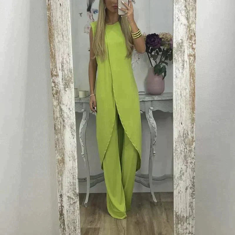 Elegante completo donna senza maniche con lungo soprabito e pantaloni ampi – Perfetto per sera, eventi e estate