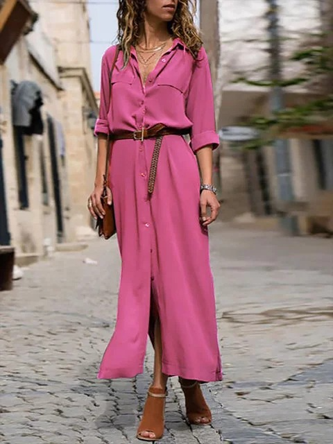 Vestito Camicia Midi Elegante – Fascino Rustico con Cintura in Vita