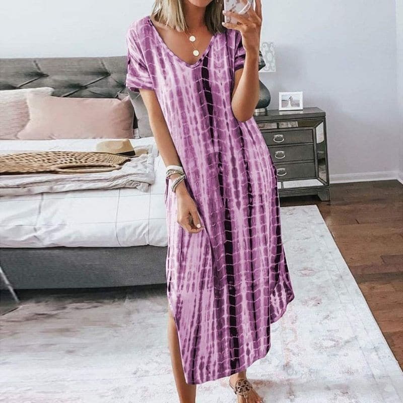 Elegante Boho-Chic Midi-Robe mit Tie-Dye Muster – V-Ausschnitt, Kurze Ärmel, Bequeme Passform
