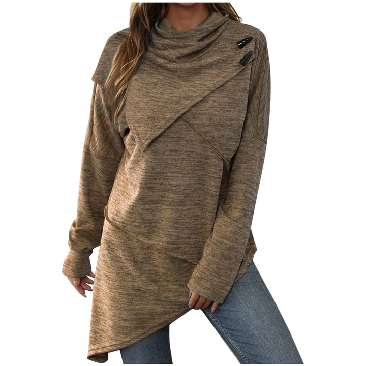 Sweat à capuche asymétrique pour femme – Pull long avec col châle croisé et détails à boutons