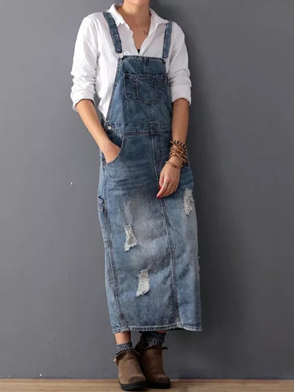 Combinaison en jean vintage pour femmes – Salopette décontractée avec bretelles réglables et aspect usé