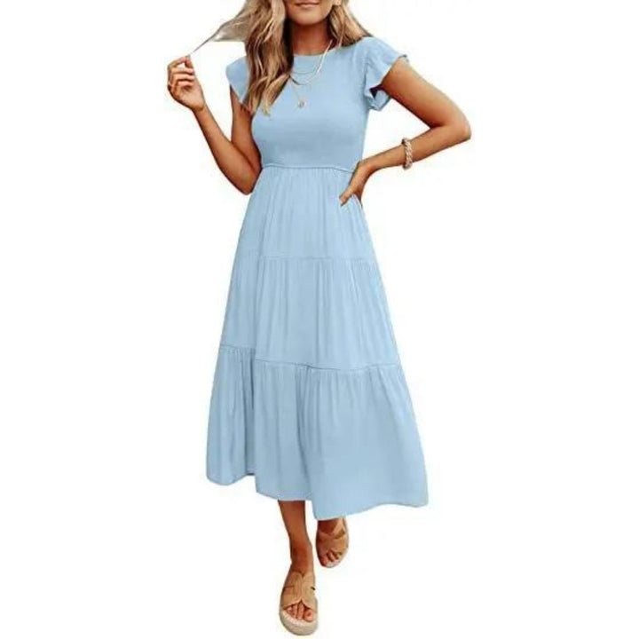 Damen Sommerkleid mit Smok-Oberteil – Luftiges Midikleid mit kurzen Ärmeln & Stufenrock für Alltag & Urlaub