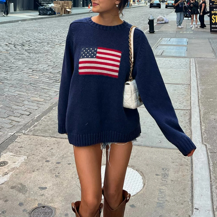 Maglione oversize da donna con motivo bandiera – maglione lavorato a maglia in stile retrò per autunno e streetstyle