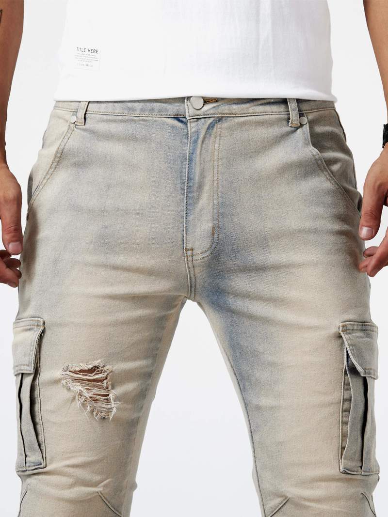 Herren Cargo Jeans Slim Fit mit Seitentaschen – Streetwear Hose für Freizeit & Alltag