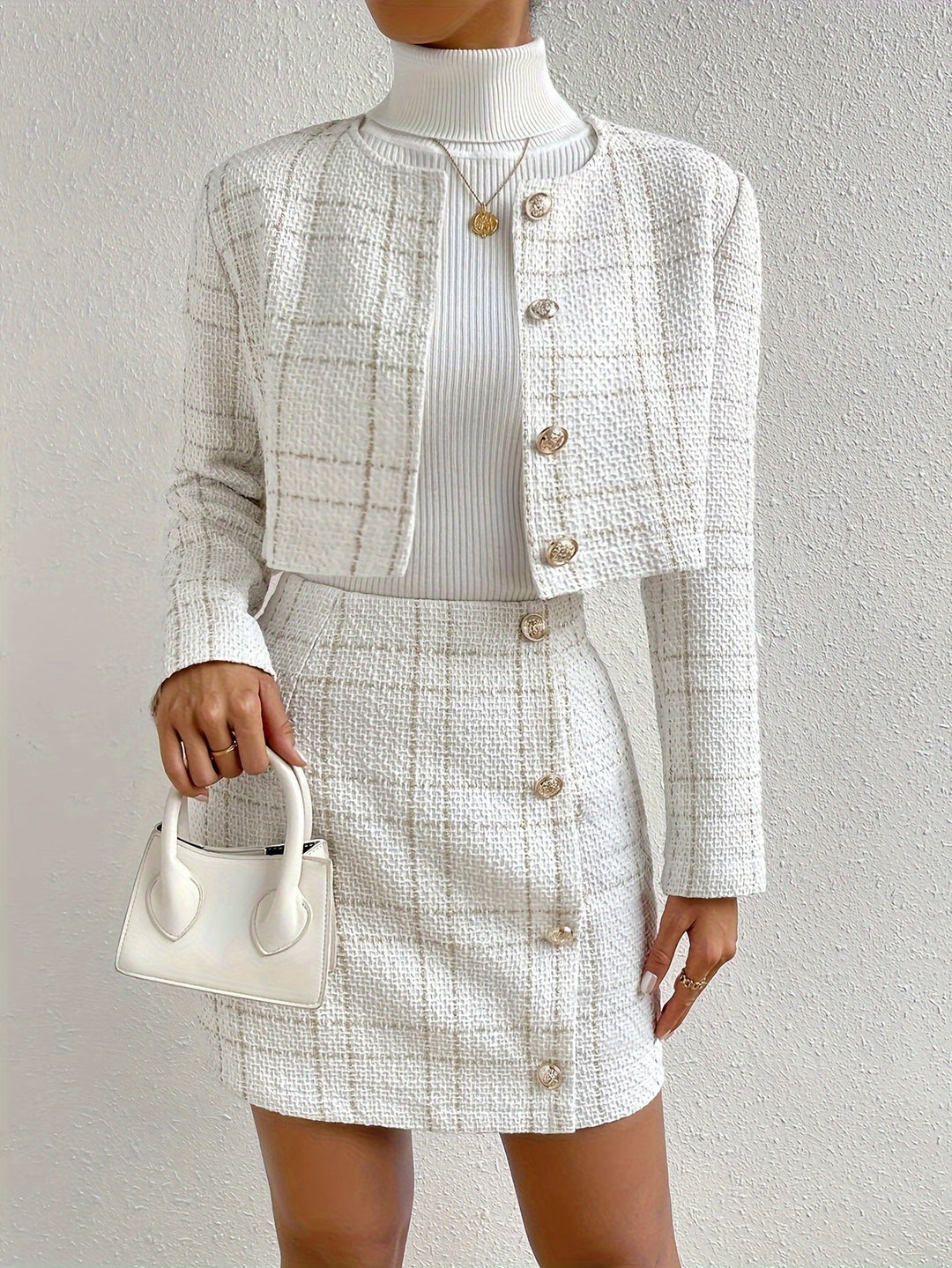 Set elegante di outfit in tweed a quadri per donna | Per occasioni formali